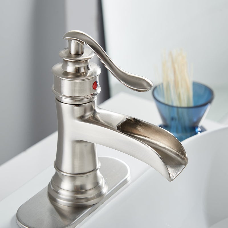 Bathfinesse Waterfall Bathroom Faucet Bathroom Sink Faucet Farmhouse Single Handle 1 Hole with Pop Up Drain Assembly Vanity Water Supply Hose, Brushed Nickel - Image 4